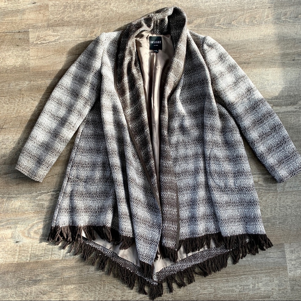 Brown Sweater Coat with Fringe Trim